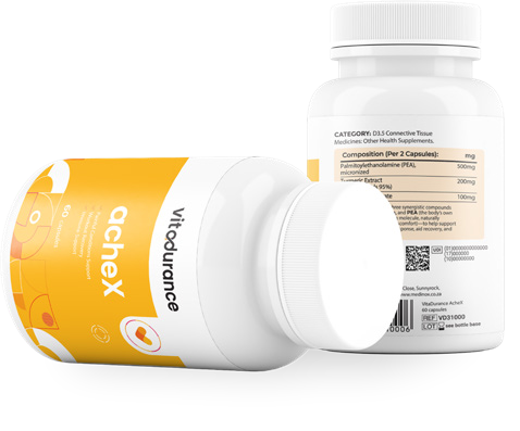 Two bottles of Vitadurance acheX, one lying on its side